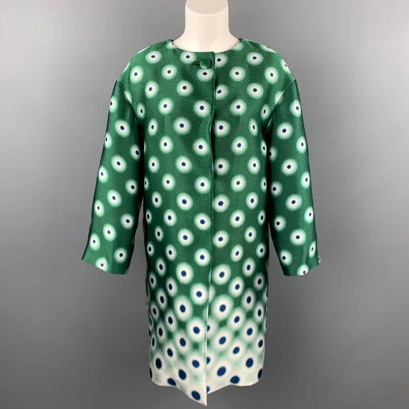 PRADA Size 2 Green Twill Dot Print Silk / Polyester Evening Coat