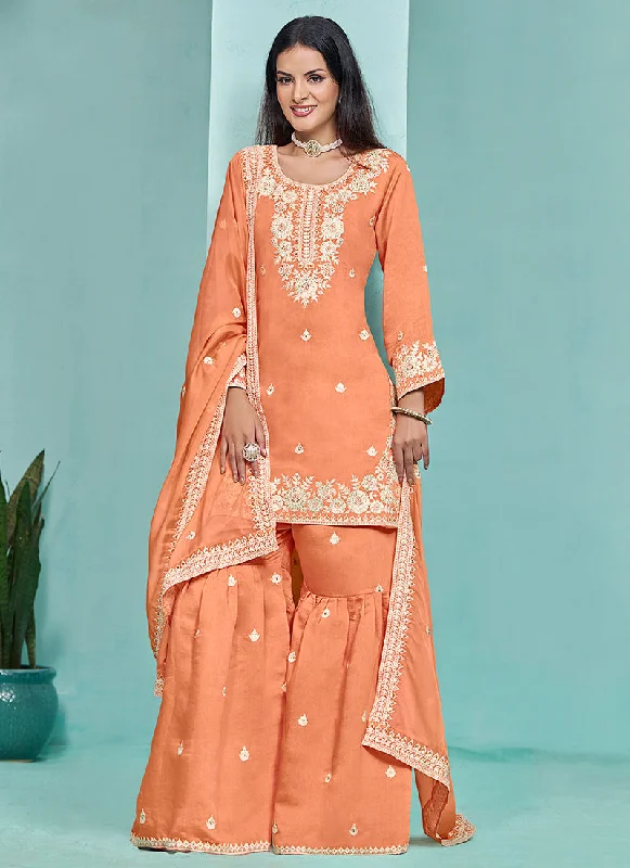 Markdown Madness Orange Designer Embroidery Wedding Gharara Suit