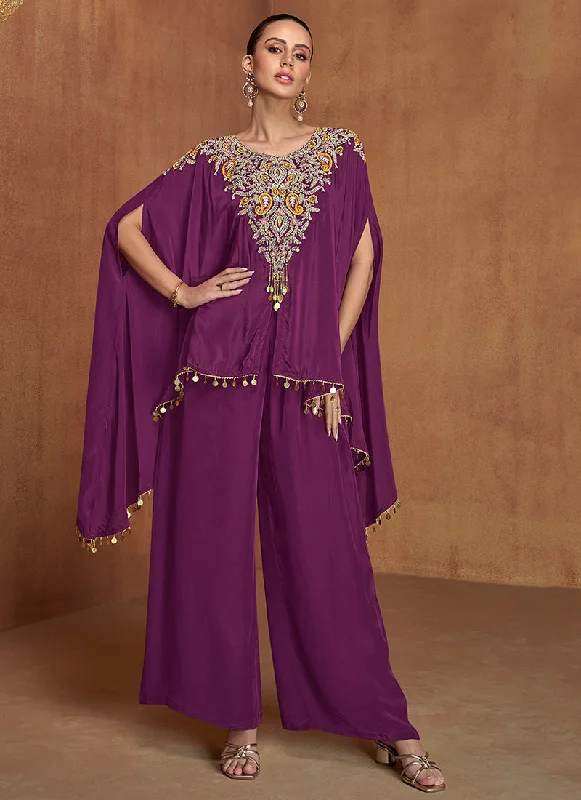Fantastic Offers Purple Multi Embroidery Poncho Style Pant Suit