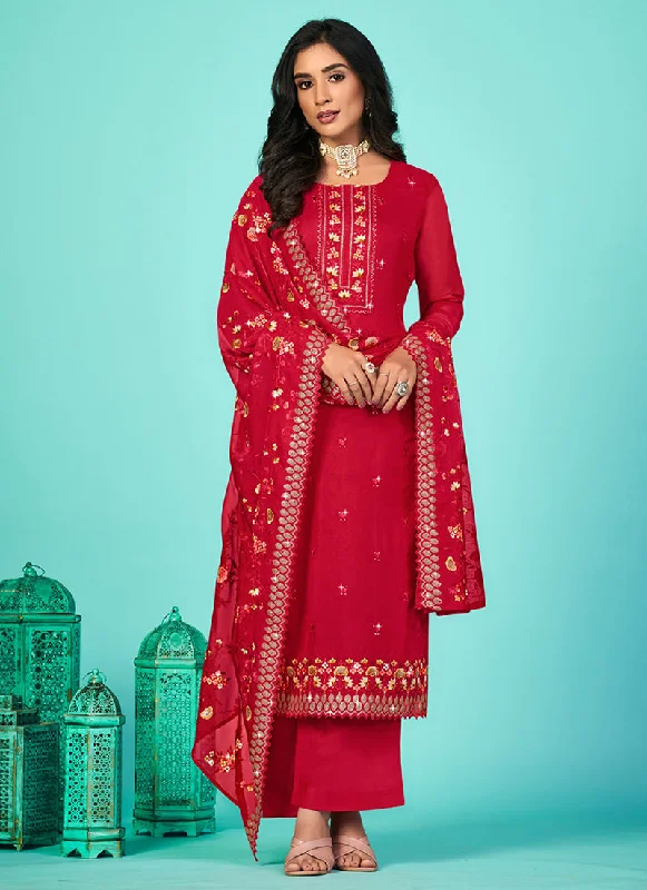 New Markdowns Red Multi Floral Embroidery Traditional Pant Style Suit
