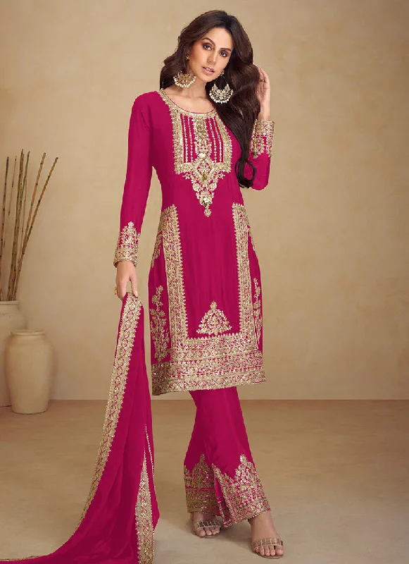 Price Cut Magenta Golden Embroidered Pakistani Pant Style Suit