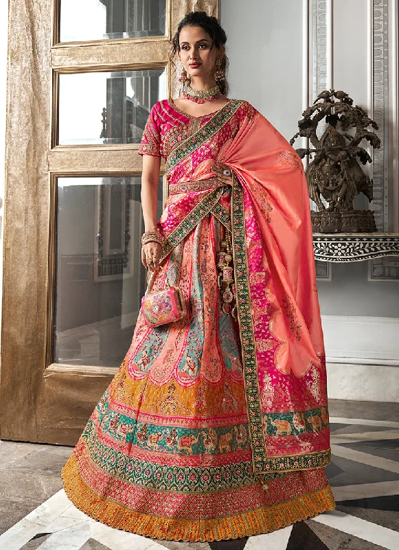 Price Cut Peach Multicolored Embroidered Bridal Lehenga Choli