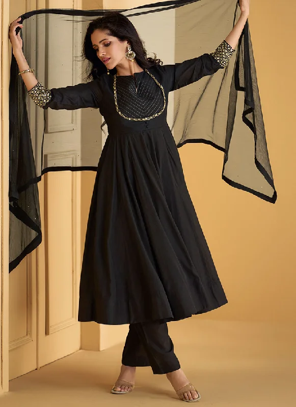 Great Deals Black Embroidery Short Anarkali Pant Style Suit