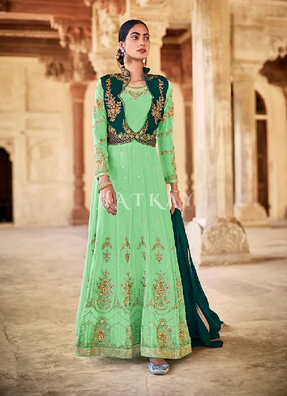 Low Prices Green And Turquoise Embroidered Koti Style Anarkali Suit