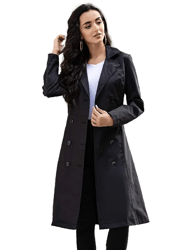 Women's Black Double-Breasted Belted Trench Coat | Womens Long Pea Coat