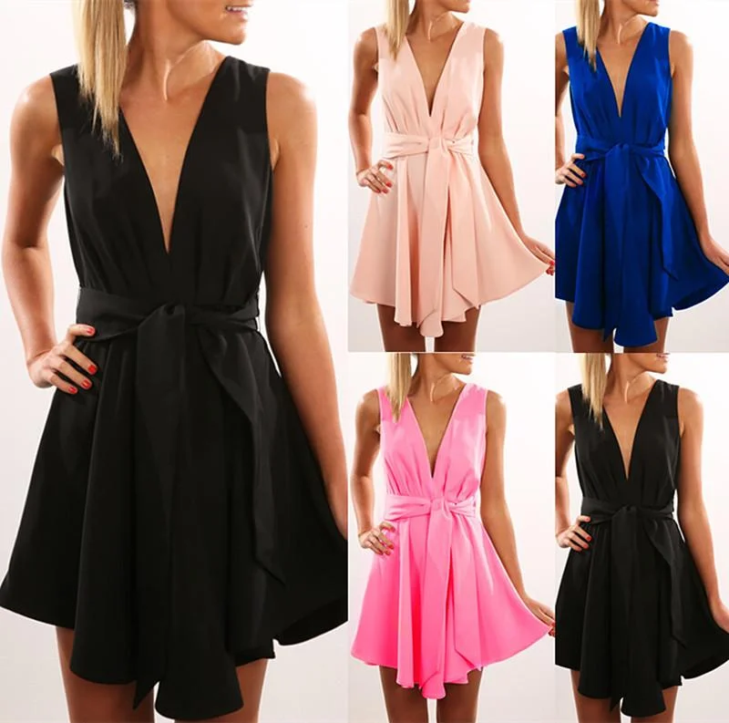 Big Discounts Open Back Sleeveless Solid V-neck Short High-waist Dresses