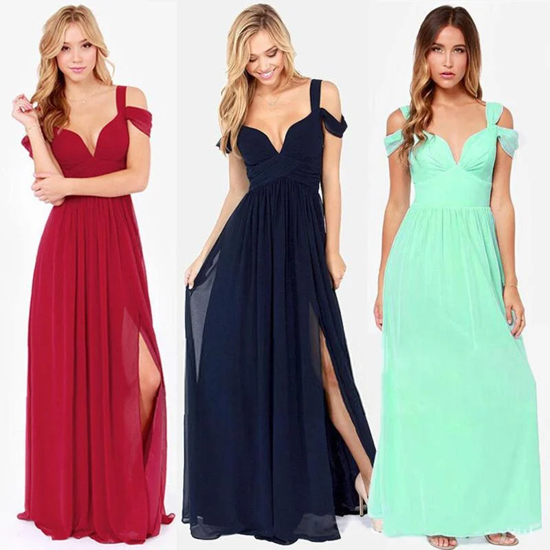 Online Exclusive Solid Color Sexy Backless V-neck Party Dress Long Dress