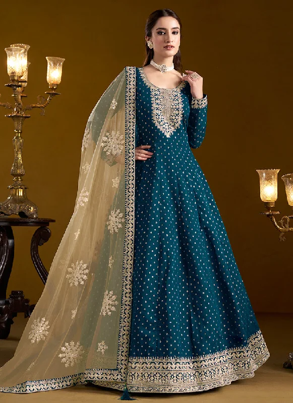Buy Now Peacock Blue Embroidered Silk Anarkali Suit