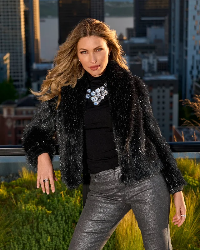 Can't Be Beat Metallic Faux Fur Shawl Collar Chubby Black/Silver
