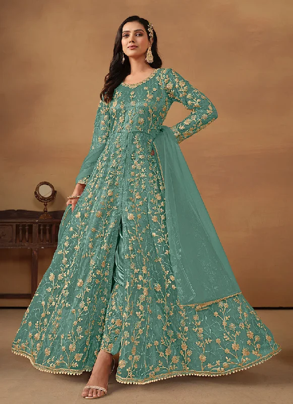Year-End Sale Turquoise Embroidered Slit Style Anarkali Pant Suit