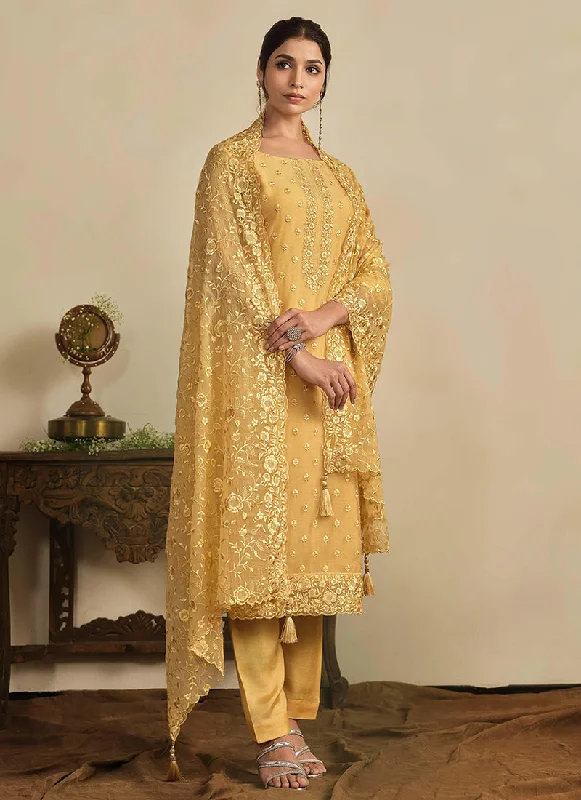 Steals and Deals Yellow Thread Work Embroidery Pakistani Pant Suit