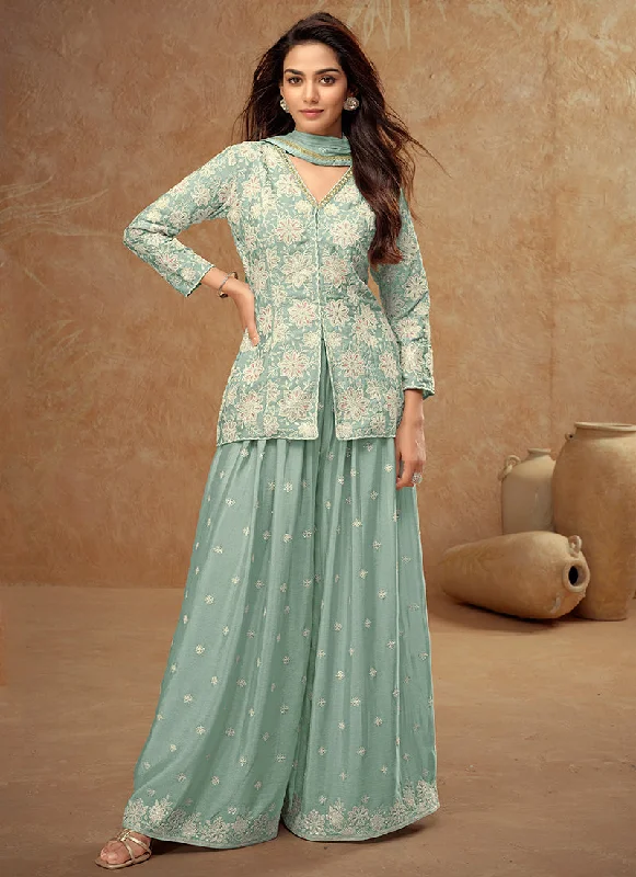 Limited Stock Pastel Blue Embroidered Koti Style Kurti And Palazzo Suit
