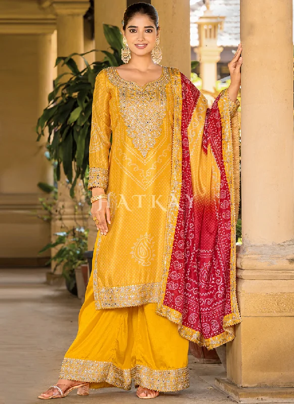 Discount Extravaganza Yellow And Red Mirror Work Printed Palazzo Suit