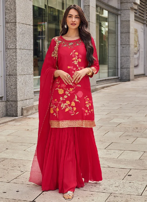 Flash Deals Cherry Red Embroidery Party Wear Gharara Suit