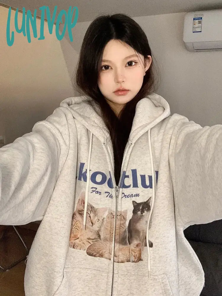 Lunivop Vintage Kawaii Zip Up Cat Print Hooded Sweatshirts Women Y2k Harajuku Streetwear Graphic Hoodies Cotton Zipper Kpop Top