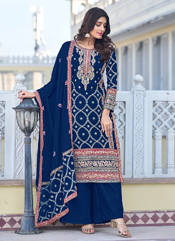Can't Miss Blue Multi Thread Embroidery Palazzo Style Suit