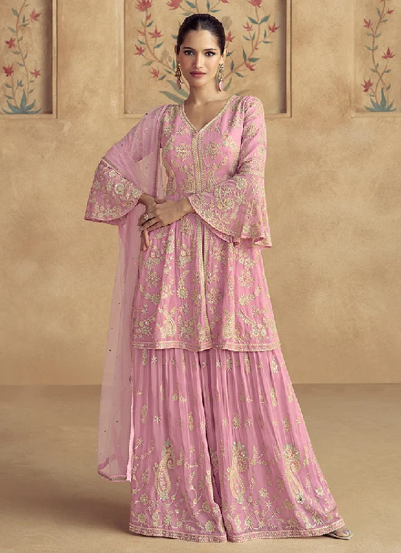 Bonus Savings Soft Pink Traditional Embroidery Peplum Style Sharara Suit