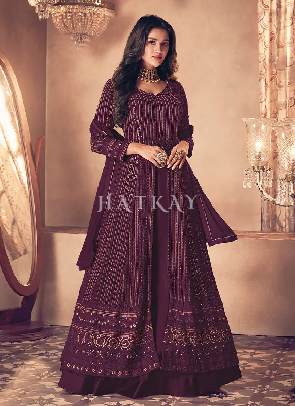 Deal Dash Wine Traditional Sequence Embroidered Wedding Anarkali Lehenga