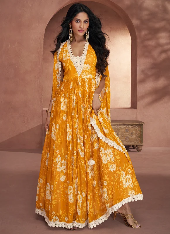 Major Savings Yellow Crochet Embroidery Flared Anarkali Suit