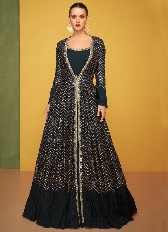 Referral Discount Bottle Green Embroidery Jacket Style Anarkali Gown