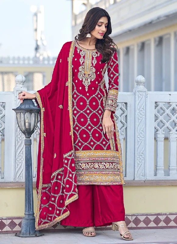 Big Discounts Magenta Multi Thread Embroidery Palazzo Style Suit