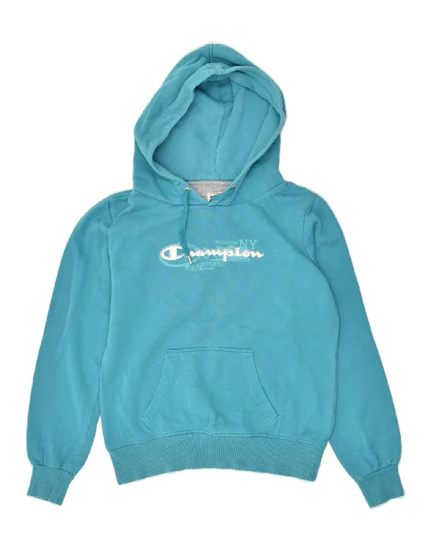 CHAMPION Womens Graphic Hoodie Jumper UK 14 Medium Blue