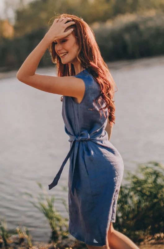 New Deals Linen Knee Length Dress with Knot Waist