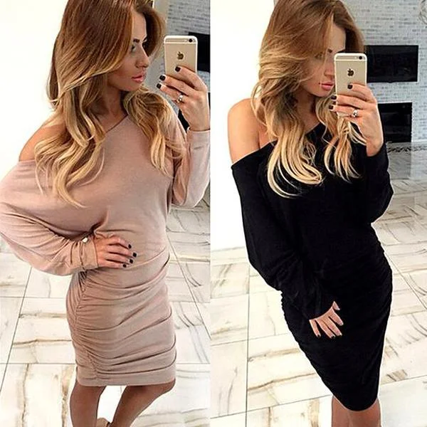 Bargain Blast Fold Off-Shoulder Long Sleeve Knee-Length Dress