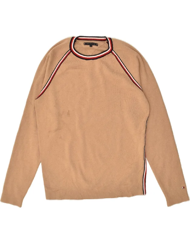 TOMMY HILFIGER Womens Crew Neck Jumper Sweater UK 14 Large Beige Cotton