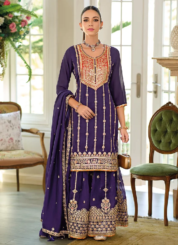 Discount Mania Deep Purple Multi Embroidery Wedding Sharara Suit