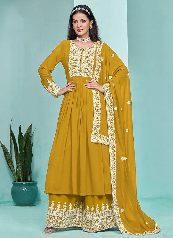 Extra Savings Yellow Thread Embroidery Pleated Anarkali Palazzo Suit