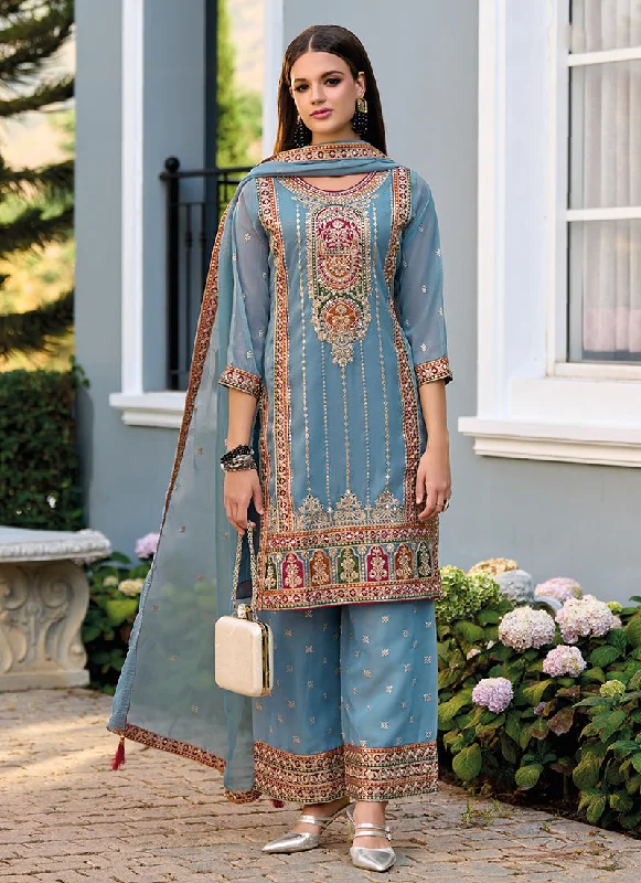 Price Drop Alert Baby Blue Multi Embroidery Traditional Pant Style Suit