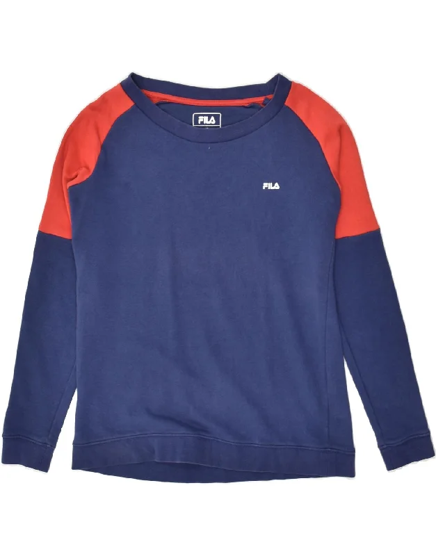 FILA Womens Sweatshirt Jumper UK 12 Medium Navy Blue Colourblock Cotton