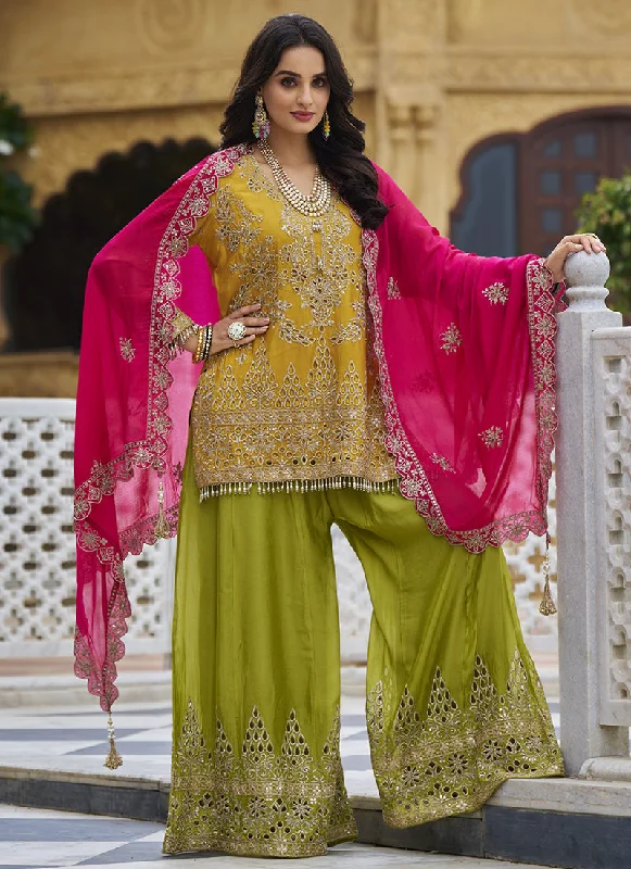 Customer Appreciation Sale Yellow And Green Traditional Embroidery Sharara Style Suit