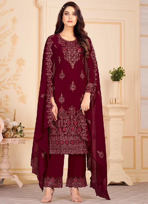 Discount Extravaganza Maroon Georgette Embroidered Eid Salwar Kameez