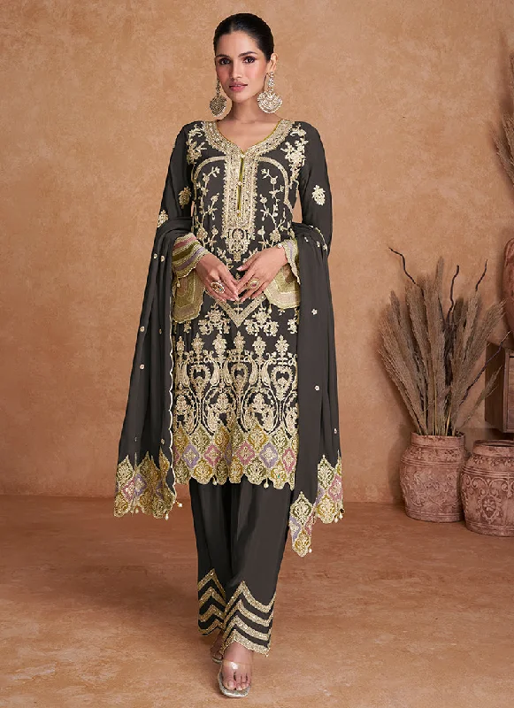 Clearance Items Deep Grey Multi Embroidery Traditional Pant Style Suit