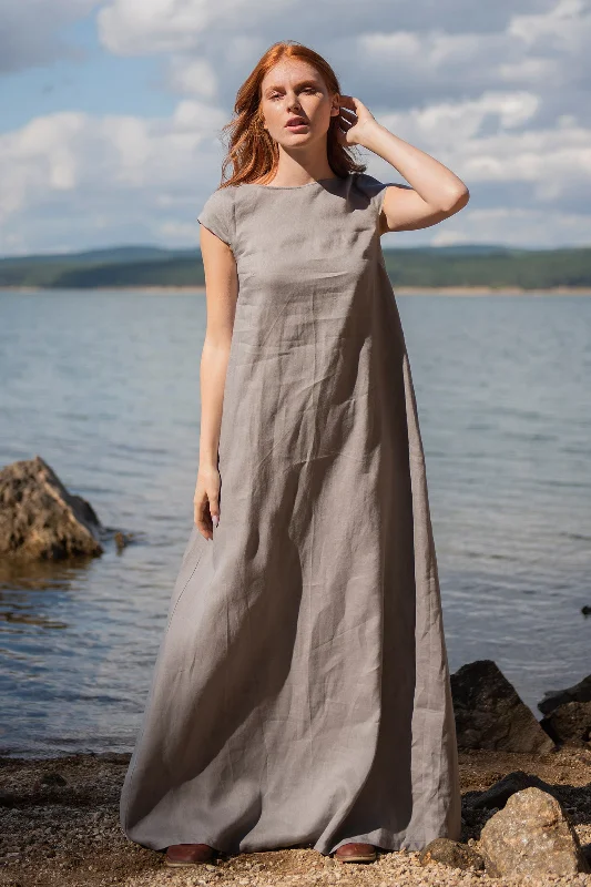 Midnight Madness Linen Maxi Dress with Cap Sleeves