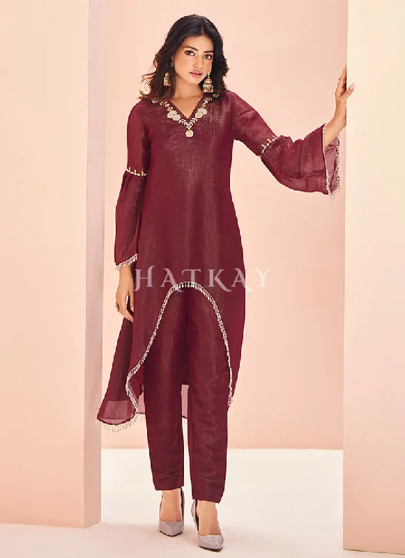 While Supplies Last Maroon Handwork Kurta And Pant Suit