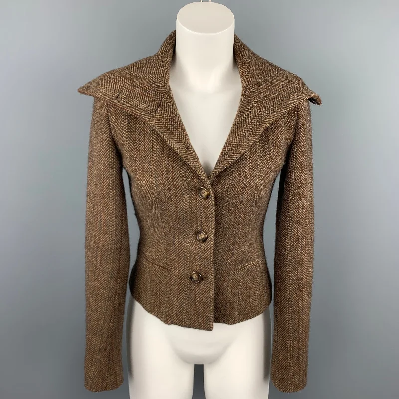 RALPH LAUREN Black Label Size 2 Brown Tweed Lambswool High Collar Jacket