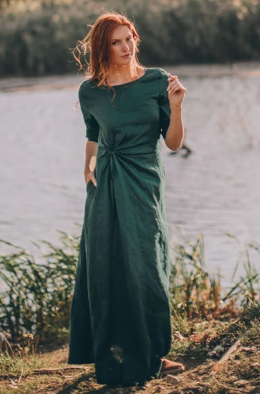 Hurry In Sleeved Linen Dress with Ruched Waist