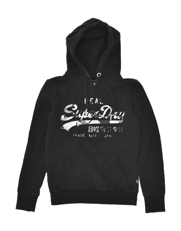 SUPERDRY Womens Graphic Hoodie Jumper UK 8 Small Black Cotton