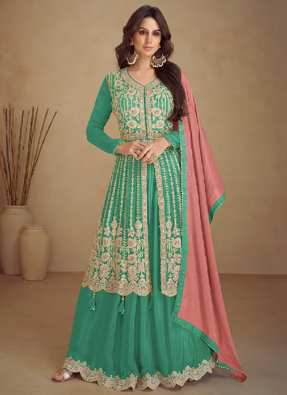 Price Reduction Green And Peach Traditional Embroidered Wedding Anarkali Palazzo Suit