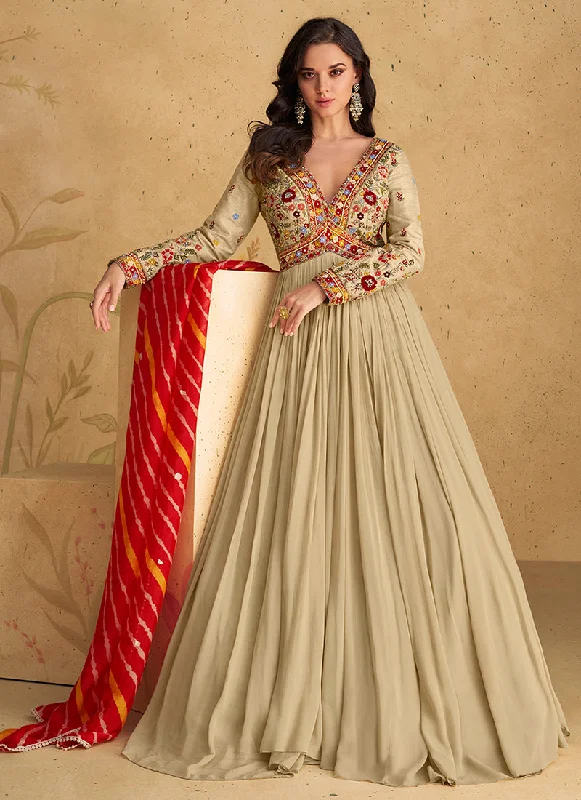 Unmissable Offer Beige and Red Handwork Embroidered Anarkali Gown Dress
