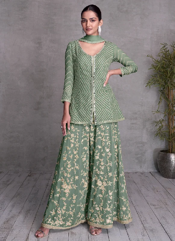 Huge Discounts Green Designer Embroidery Party Wear Sharara Suit