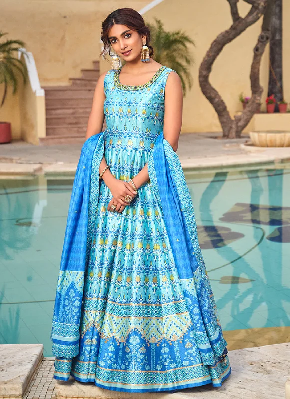 Seasonal Clearance Blue Embroidery And Printed Anarkali Gown