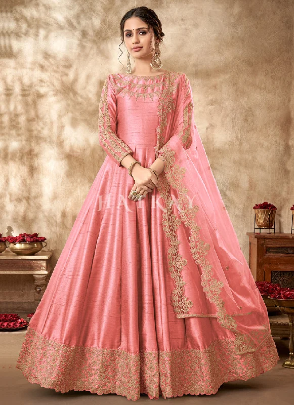 Amazing Deals Peach Zari Embroidered Traditional Silk Anarkali