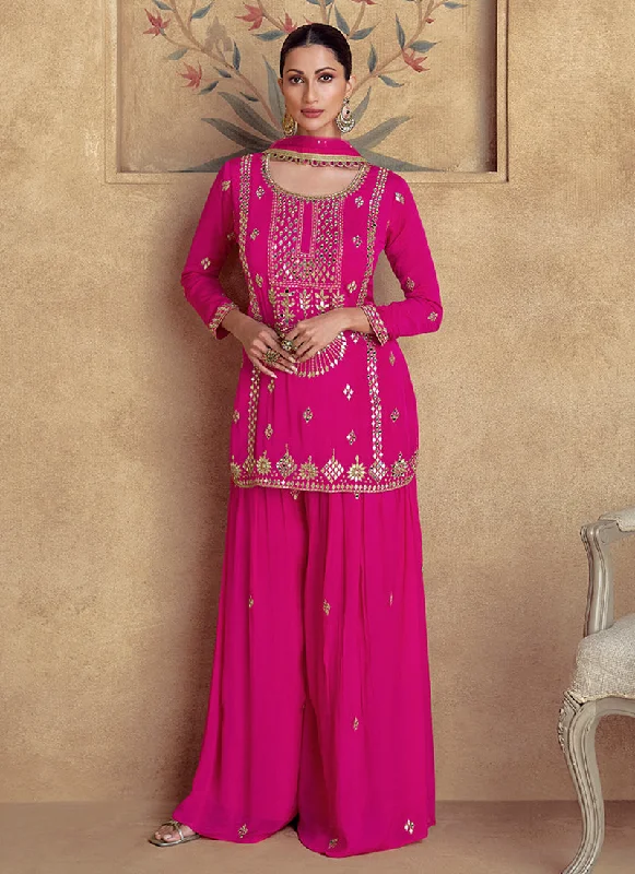 Markdowns Hot Pink Reshamkari Embroidery Gharara Style Suit