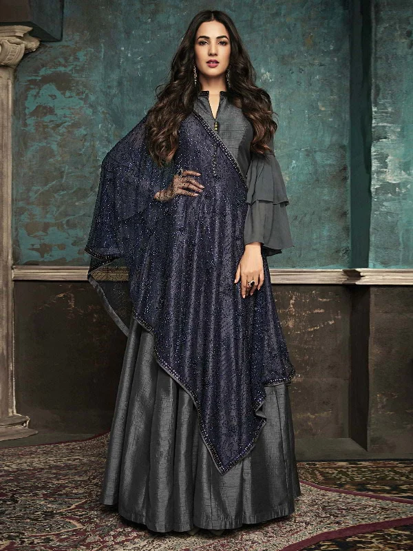 Final Markdown Grey And Blue All Glammed Minimalist Embroidered Flared Anarkali Suit