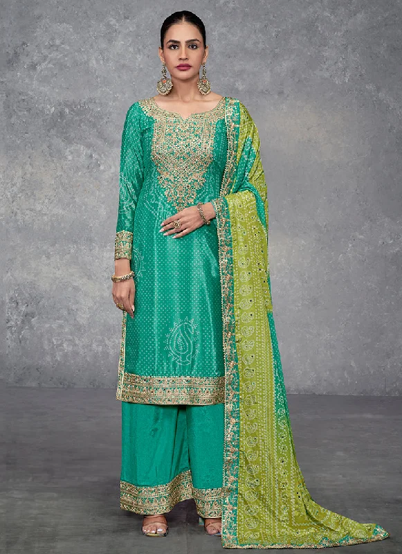 Super Savings Green And Lime Mirror Embroidery Bandhani Prited Palazzo Suit
