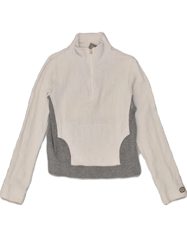 Don't Miss NIKE Womens Zip Neck Sweatshirt Jumper UK 8 Small White Colourblock Cotton Don't Miss NIKE Womens Zip Neck Sweatshirt Jumper UK 8 Small White Colourblock Cotton